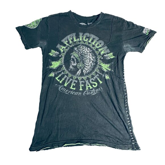 Affliction Brand Black & Green Live Free T Shirt Medium Mens - Picture 1 of 6